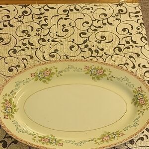 National China Floral Oval Serving Platter - Cream and Green